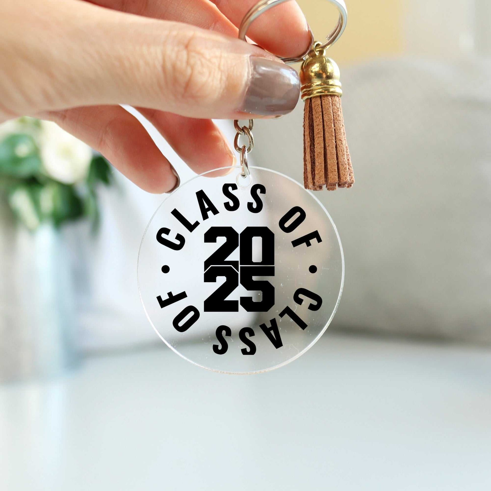 Class of 2025 graduation keychain with tassel and durable acrylic keepsake.