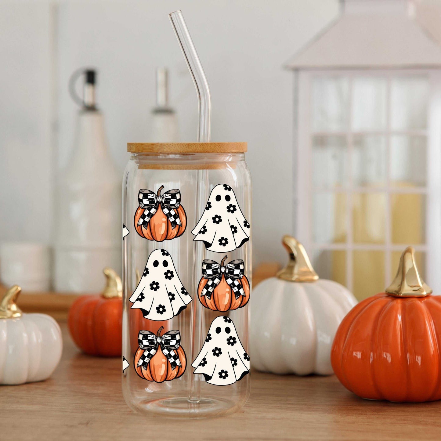 16 oz Halloween ghost pumpkin tumbler with bamboo lid and straw.