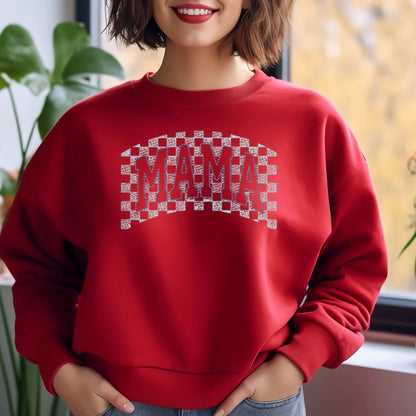 Cozy red sweatshirt with embroidered "MAMA" design, perfect gift for new moms and Mother's Day.