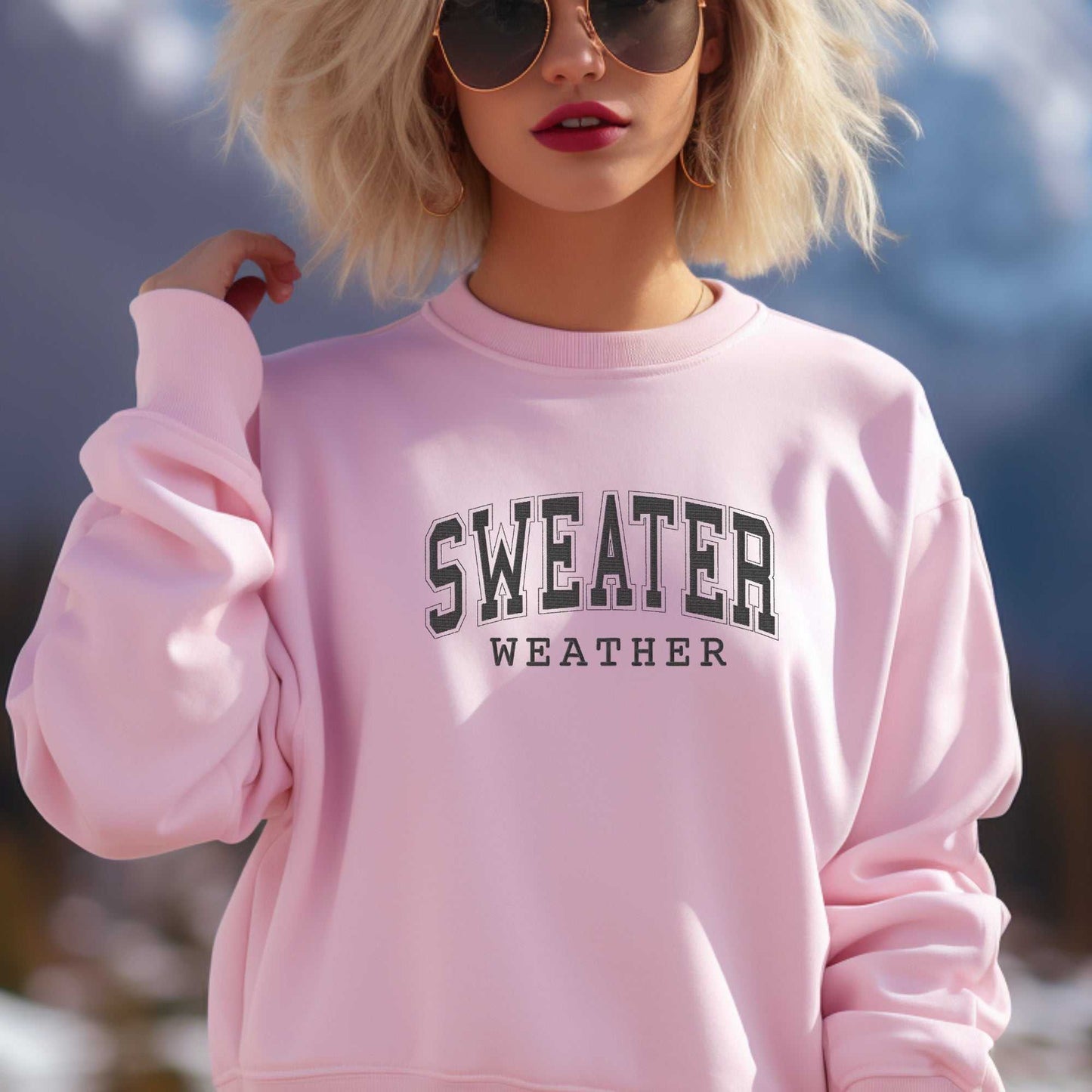 pink Sweater Weather embroidered crewneck sweatshirt for cozy fall and winter wear