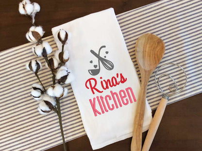 Personalized kitchen towel with custom name embroidered whisk and spoon design
