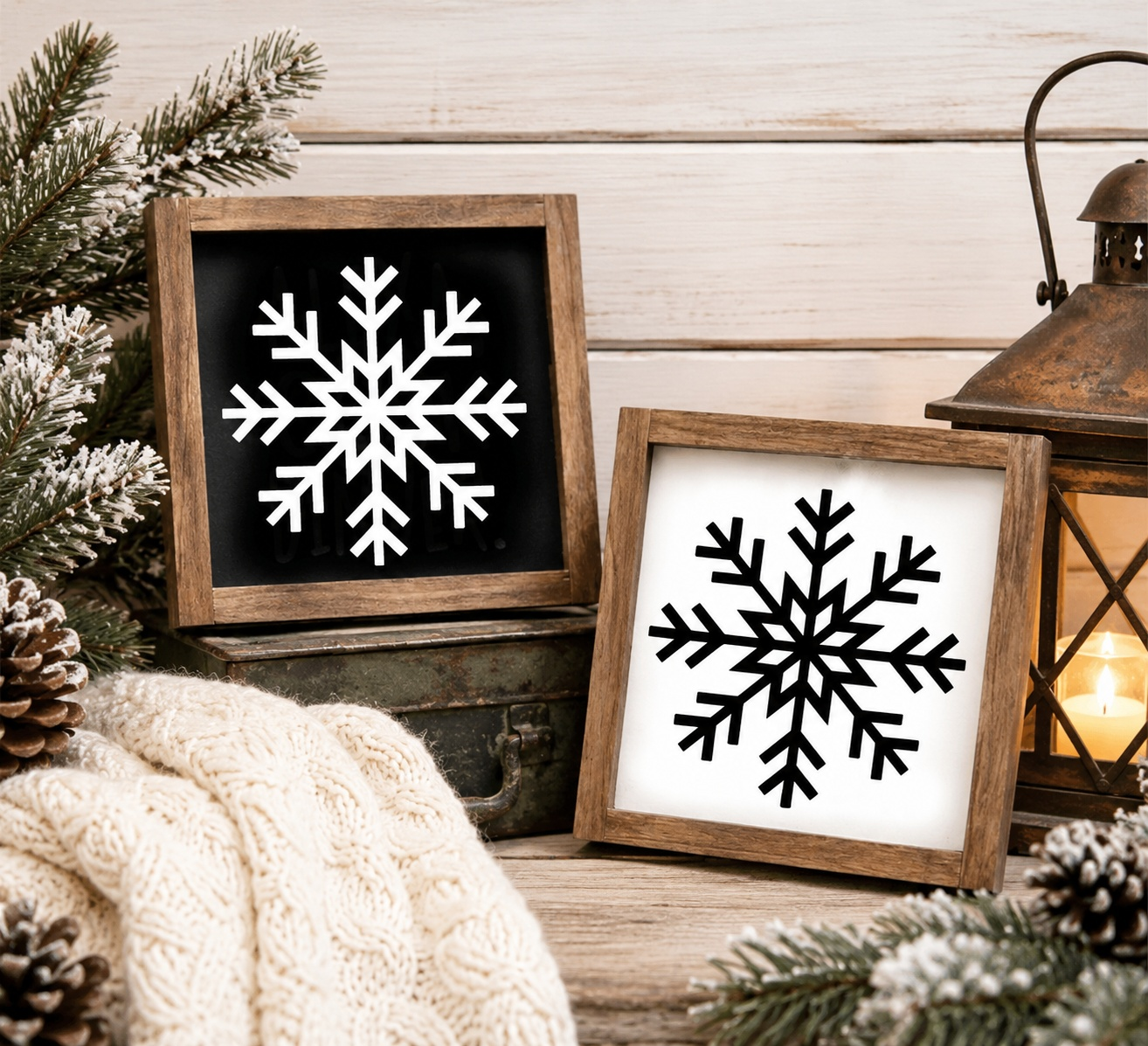 Two framed snowflake art pieces on a wooden surface with Christmas decor.