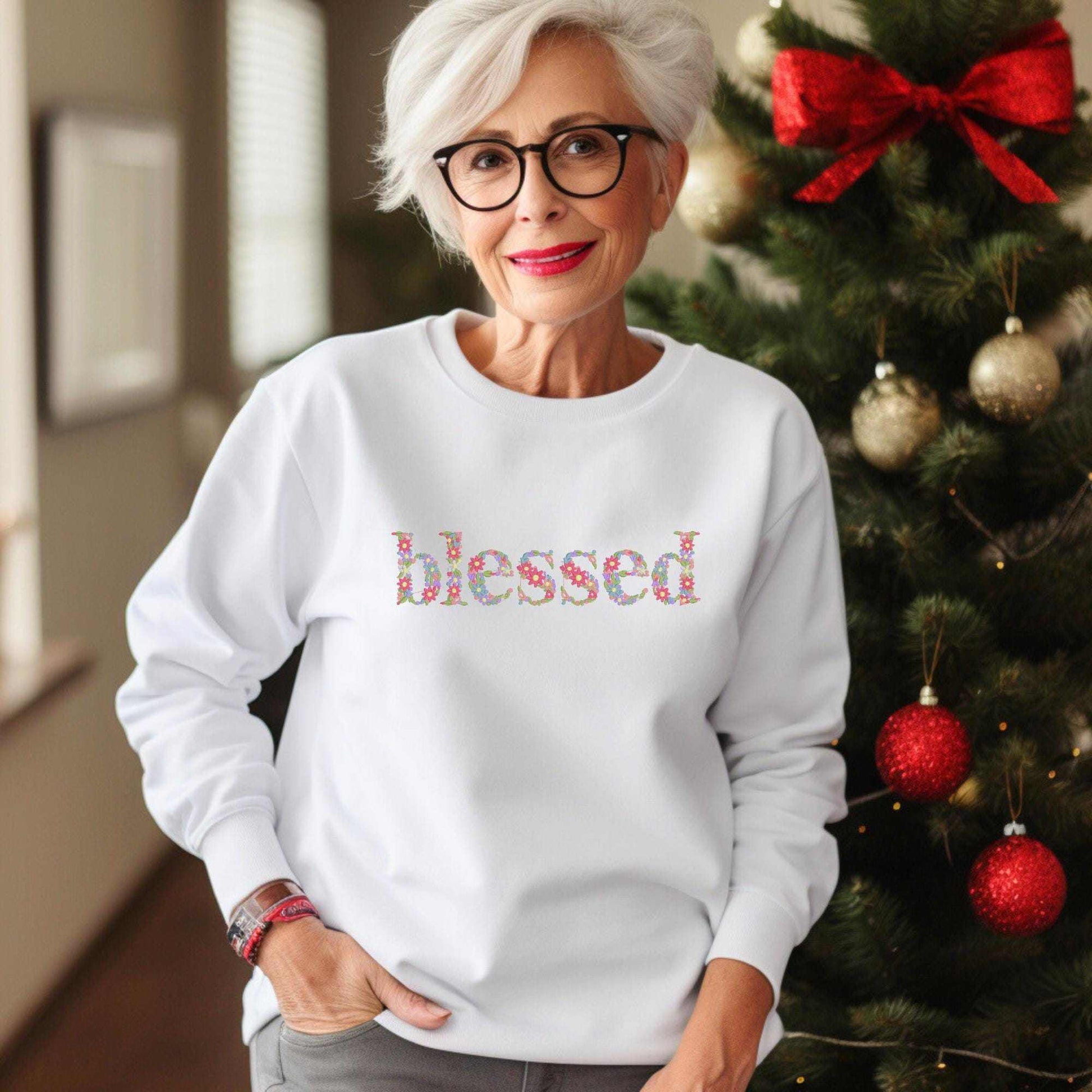 Custom embroidered floral letter sweatshirt with "Blessed" floral text design