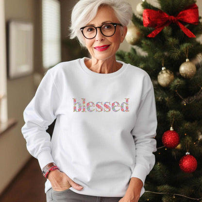 Custom embroidered floral letter sweatshirt with "Blessed" floral text design