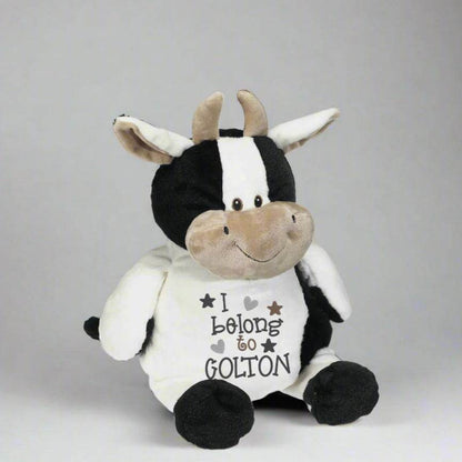 Custom personalized stuffed cow with embroidered "I Belong to" design, baby gift.