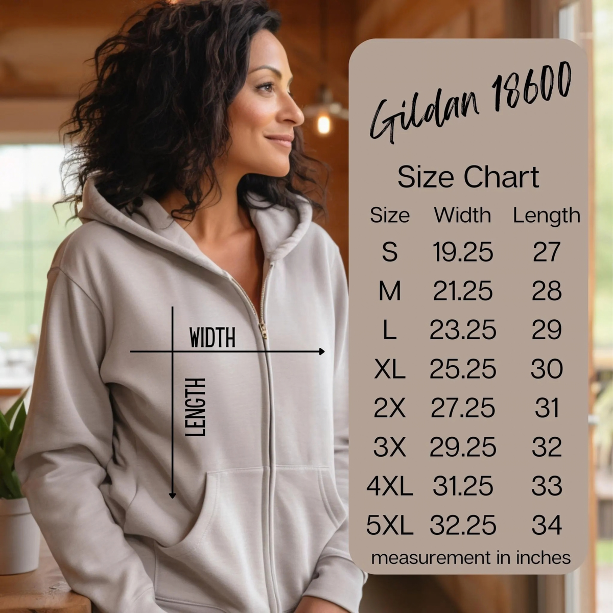 Zip-up hooded sweatshirt in light gray, plain fabric with a full-length zipper, front pockets and size chart overlay; Spooky Teacher Embroidered Sweatshirt
