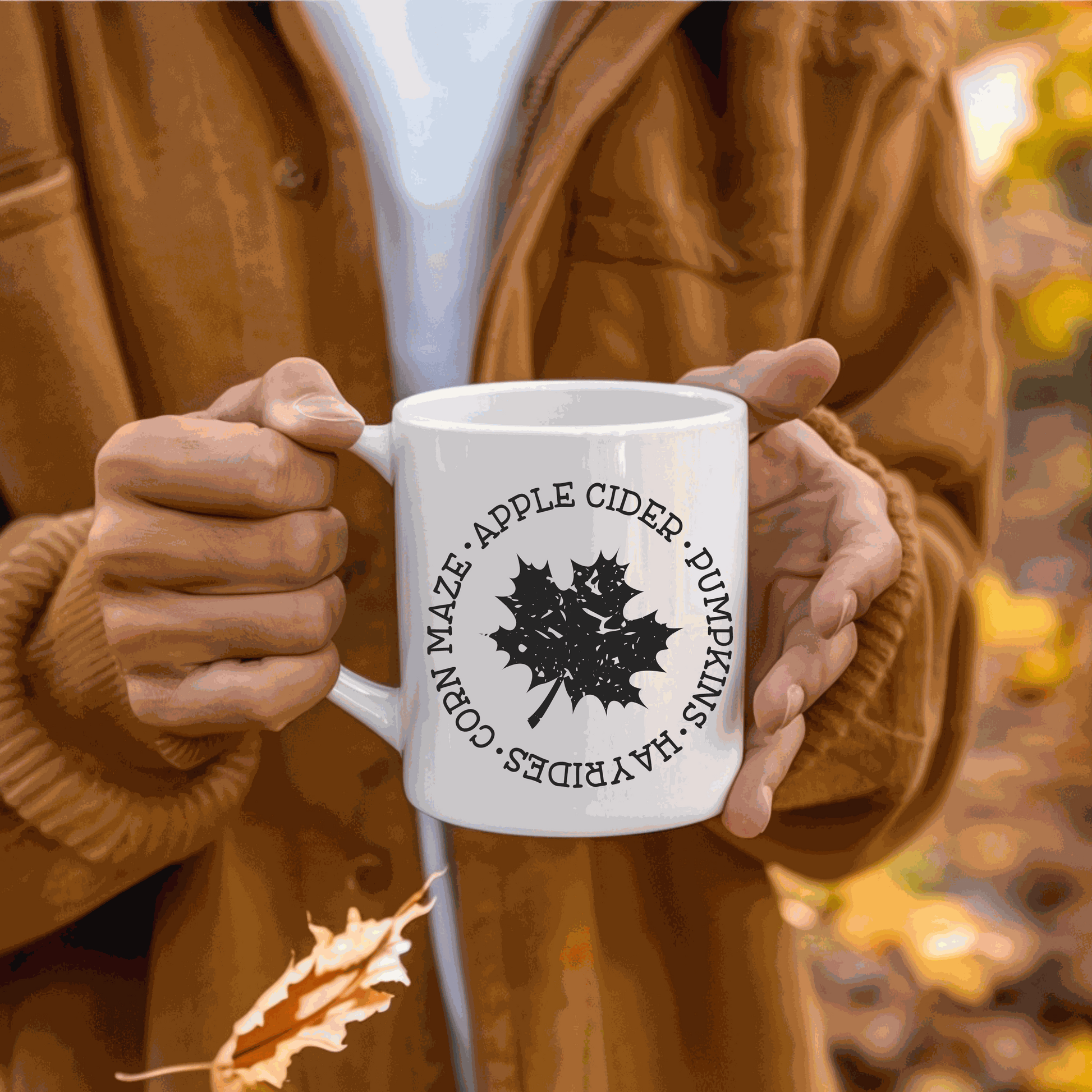 Fall themed ceramic coffee mug with pumpkin design, ideal for Halloween, available in 11 oz or 15 oz sizes.