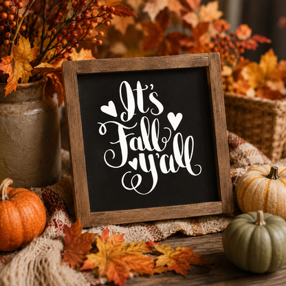 Decorative sign with 'It's Fall Y'all' text surrounded by pumpkins and autumn leaves.