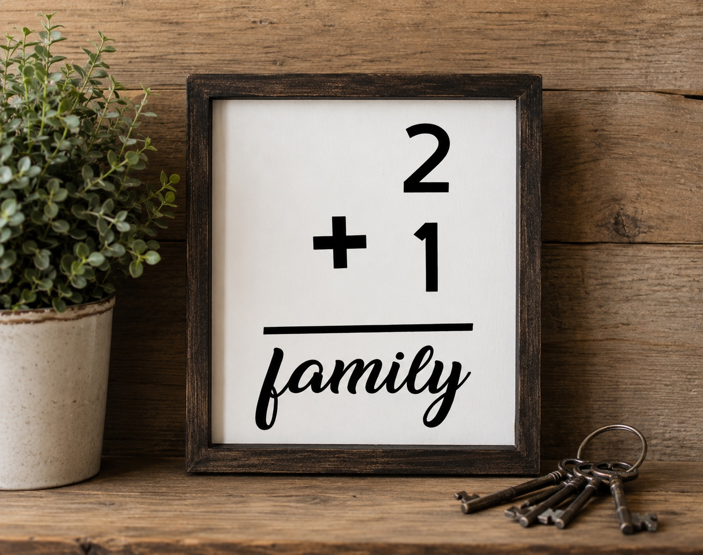 Framed sign with '2 + 1 = family' on a wooden shelf with a plant and keys.