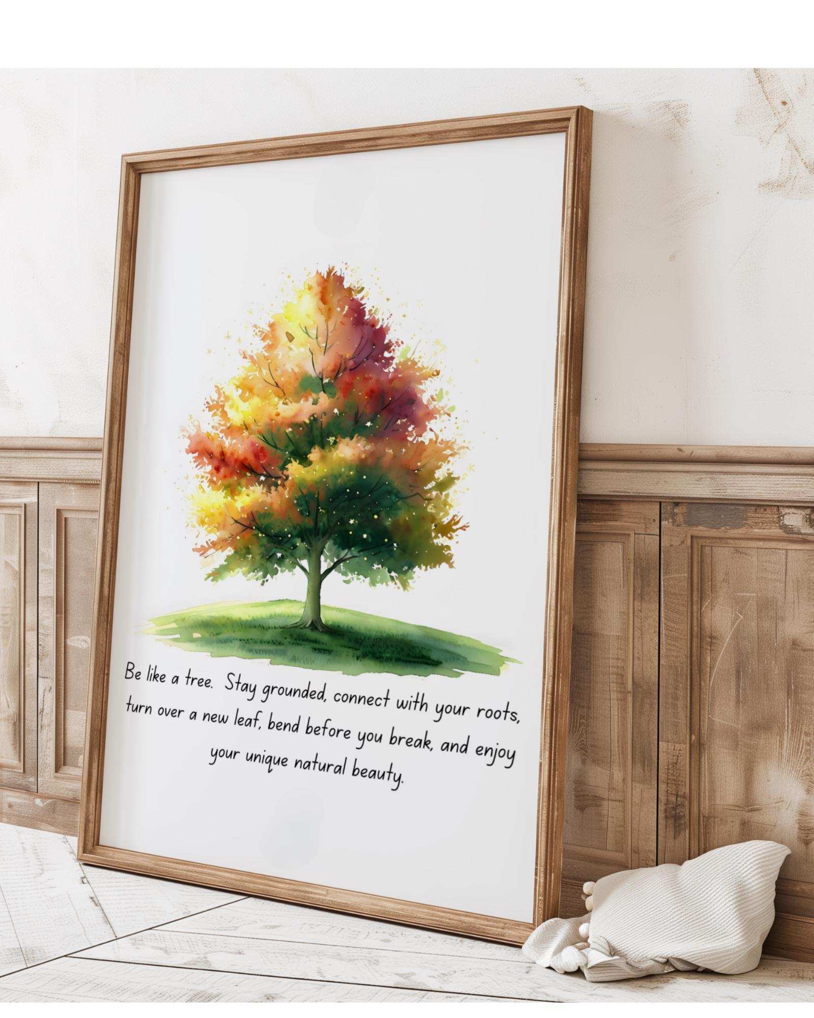 Motivational affirmation wall art with a colorful tree illustration, perfect for self-care and home decor.