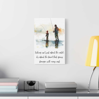 Father and son fishing canvas wall art on a modern interior wall.