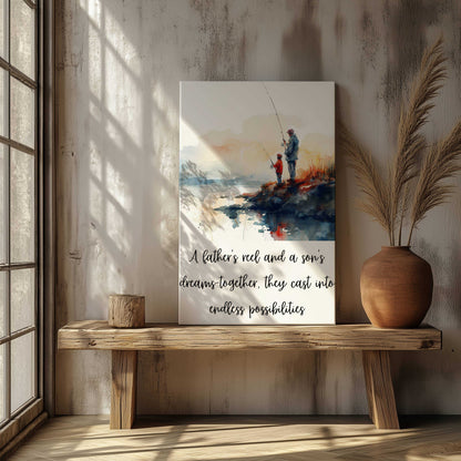 Inspirational fishing canvas art featuring a father and son at sunrise with the quote "A father's reel and a son's dreams—together, they cast into endless possibilities."