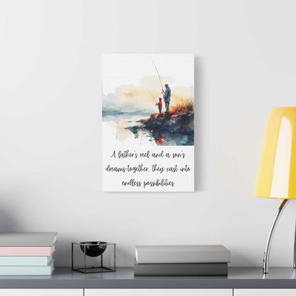Inspirational fishing canvas art for dad and son featuring a serene sunrise scene and heartfelt quote.