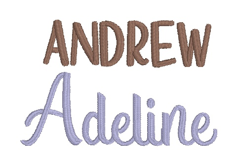 Custom embroidered names "Andrew" in brown and "Adeline" in lavender for personalized bunny plush.