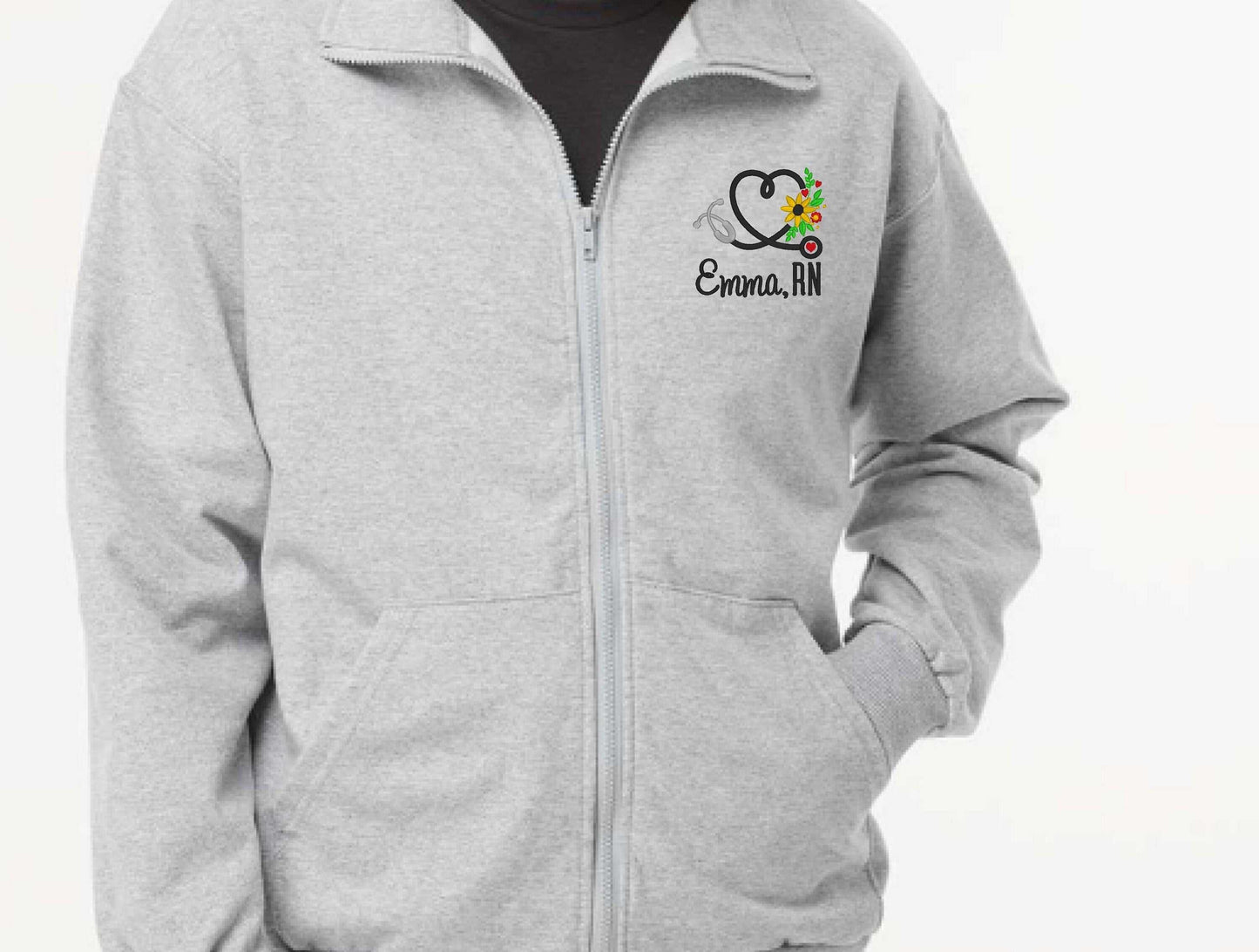 Custom nurse full zip sweatshirt with embroidery, ideal for RN graduation gift, unisex sizing.