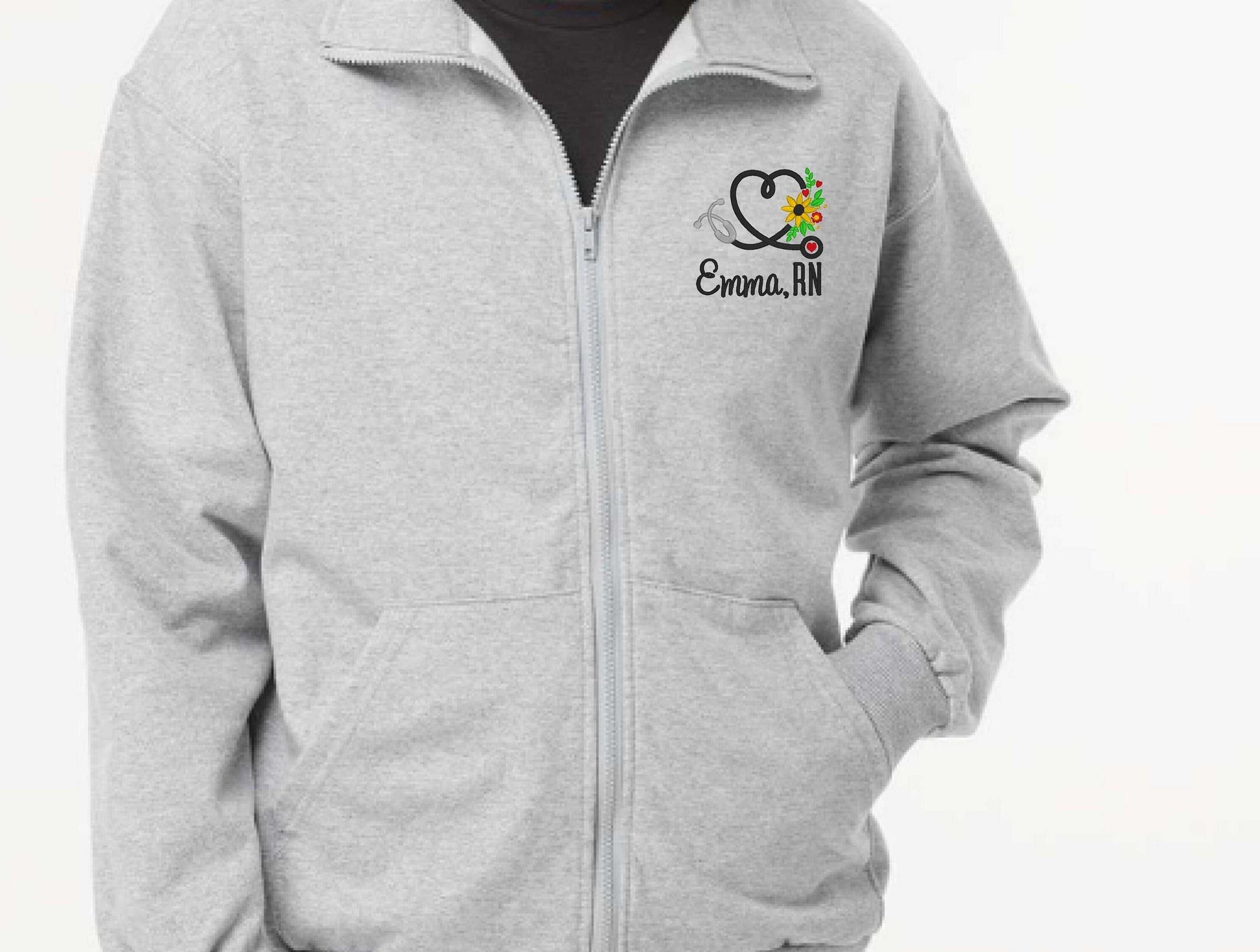 Custom nurse full zip sweatshirt with embroidery, ideal for RN graduation gift, unisex sizing.