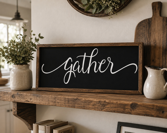 Wooden shelf with a 'gather' sign, plants, and a pitcher in a home setting.