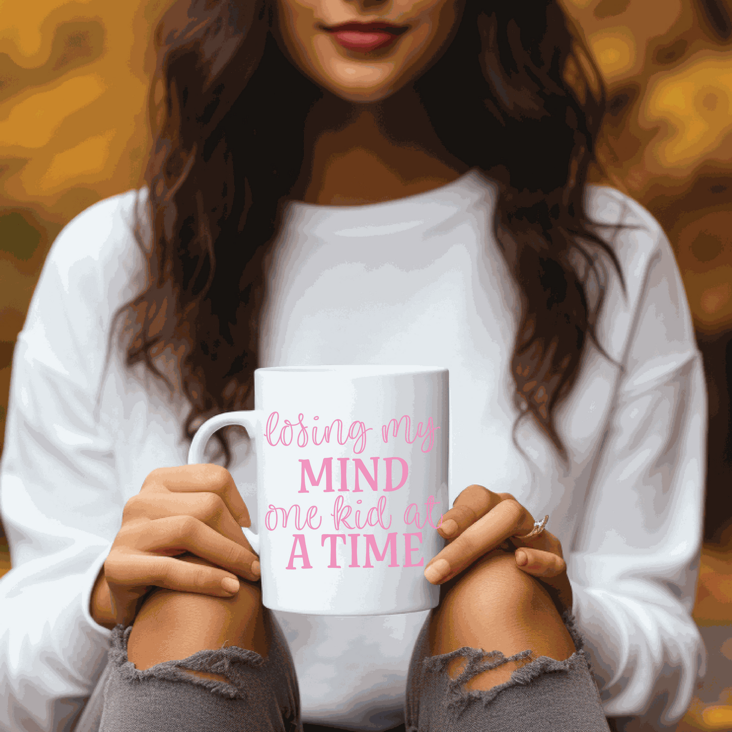 Ceramic mug with "Losing my Mind one Kid at a Time" design, perfect for moms.