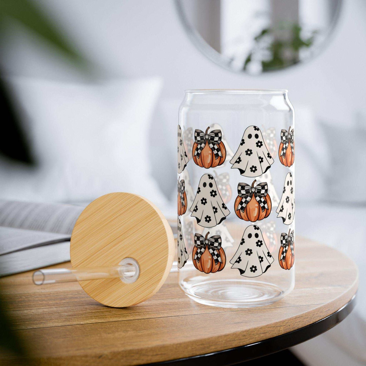 16 oz Halloween ghost and pumpkin glass tumbler with bamboo lid and straw.