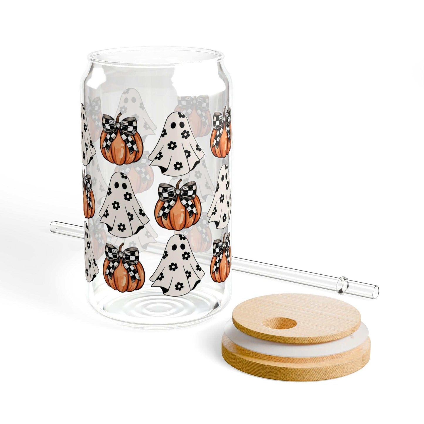 Halloween ghost pumpkin coquette bow glass can tumbler with bamboo lid and straw, 16 oz.
