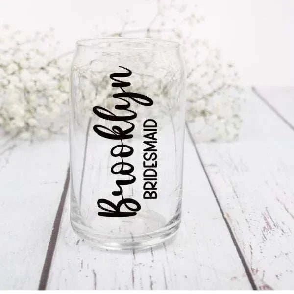Personalized iced coffee cup with bamboo lid and straw, 16oz glass tumbler featuring custom vinyl name.