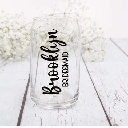 Personalized iced coffee cup with bamboo lid and straw, 16oz glass tumbler featuring custom vinyl name.