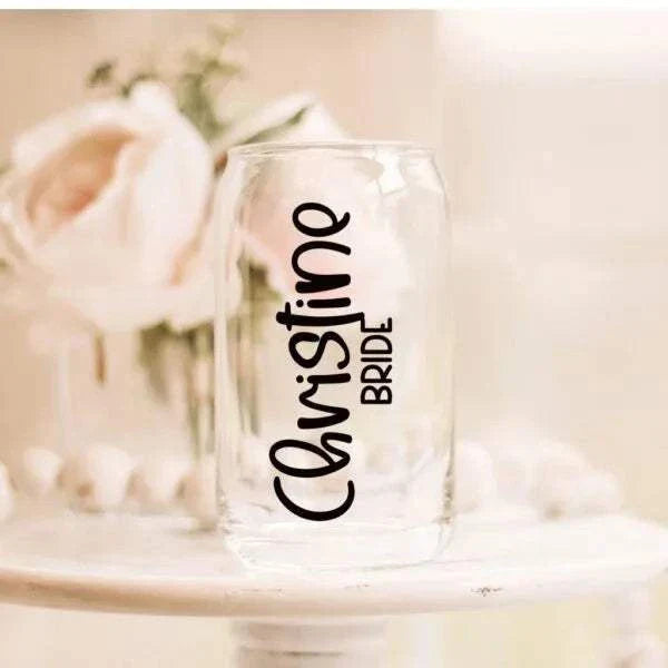 Personalized iced coffee glass tumbler with vinyl name, bamboo lid, and straw, 16oz.