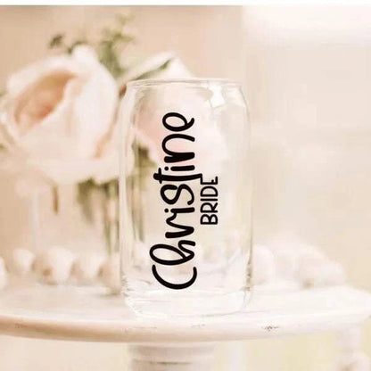 Personalized iced coffee glass tumbler with vinyl name, bamboo lid, and straw, 16oz.