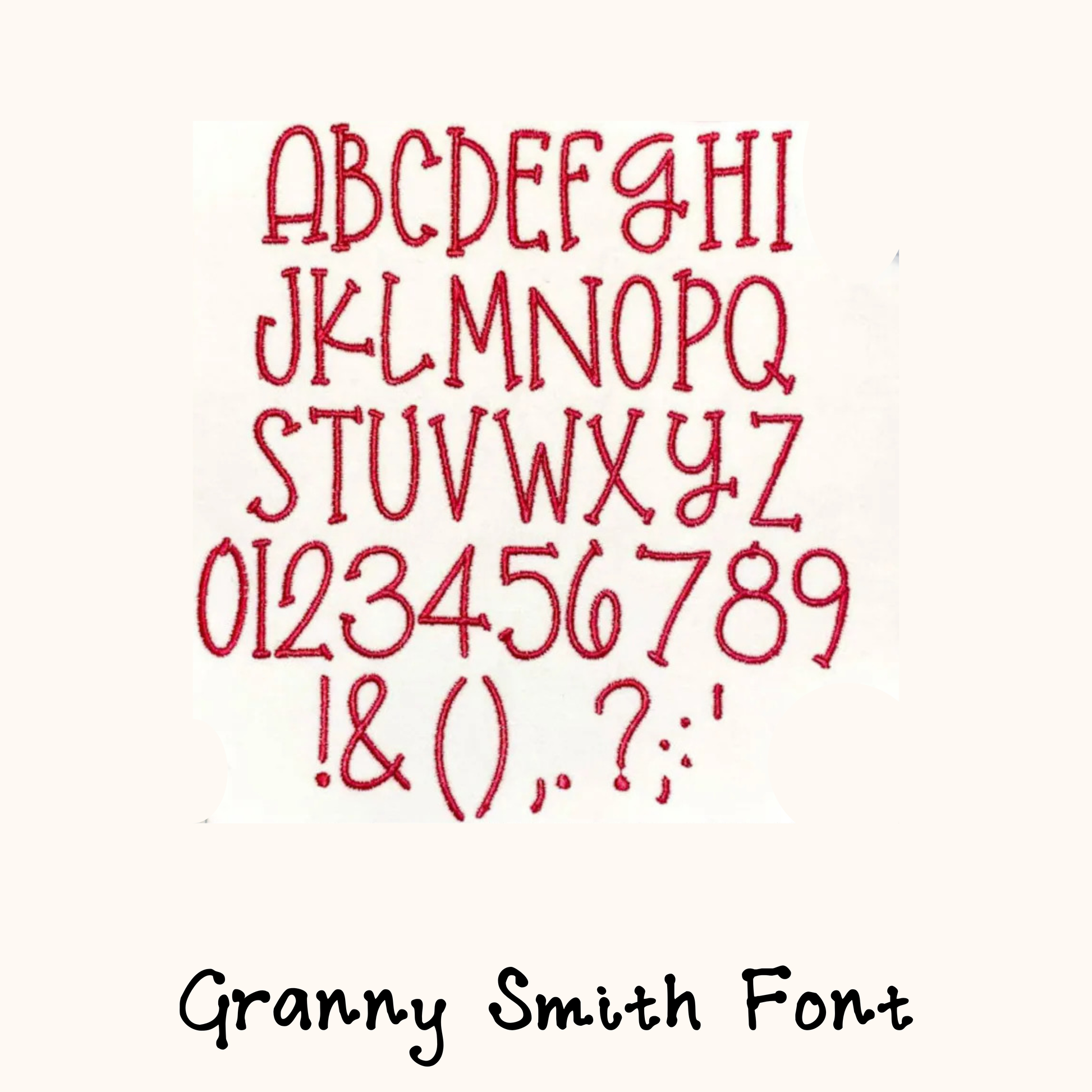 Alphabet and numbers embroidery design in red Granny Smith font for custom adoption stuffed animal personalization