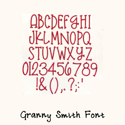 Alphabet and numbers embroidery design in red Granny Smith font for custom adoption stuffed animal personalization