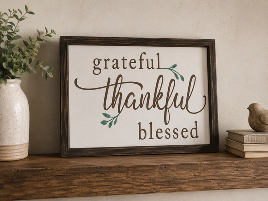 Framed sign with 'grateful, thankful, blessed' text on a wooden shelf with decor items.