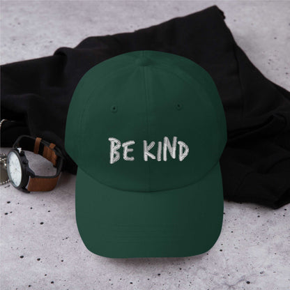 Personalized green cotton dad hat with custom embroidered "BE KIND" text unisex snapback cap