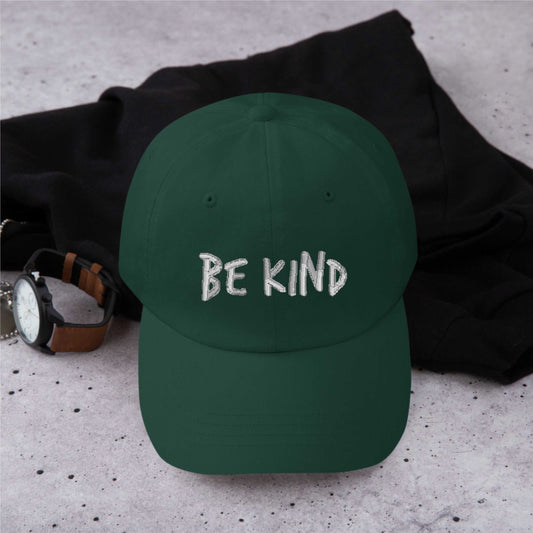 Personalized green cotton dad hat with custom embroidered "BE KIND" text unisex snapback cap