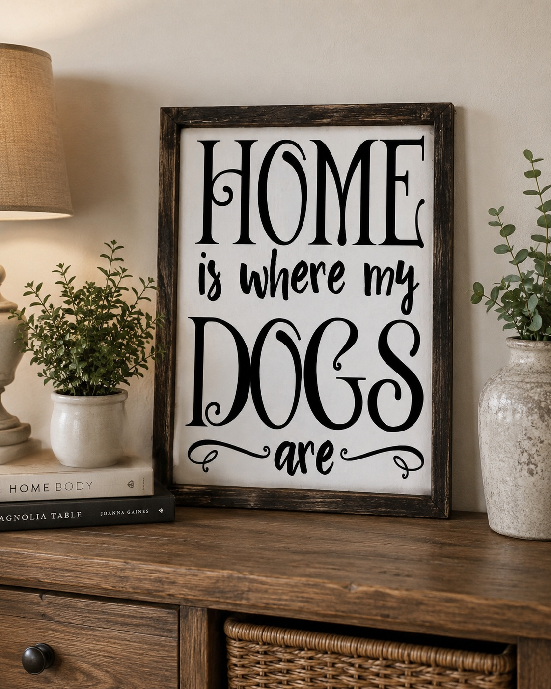 Decorative sign on a wooden surface with 'Home is where my dogs are' text, surrounded by plants and a lamp.