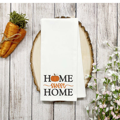Thanksgiving embroidered tea towel with "Home Sweet Home" and pumpkin design on 100% cotton fabric.