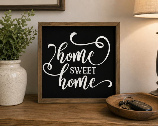 Decorative sign with 'Home Sweet Home' on a wooden shelf with a plant and lamp in the background.
