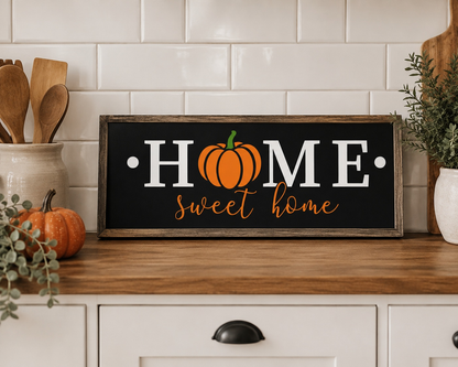 Decorative sign with 'Home sweet home' and pumpkin on a kitchen counter.
