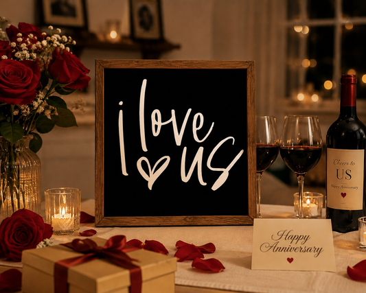 Decorative table setting with 'I Love Us' sign, wine glasses, and gift box.