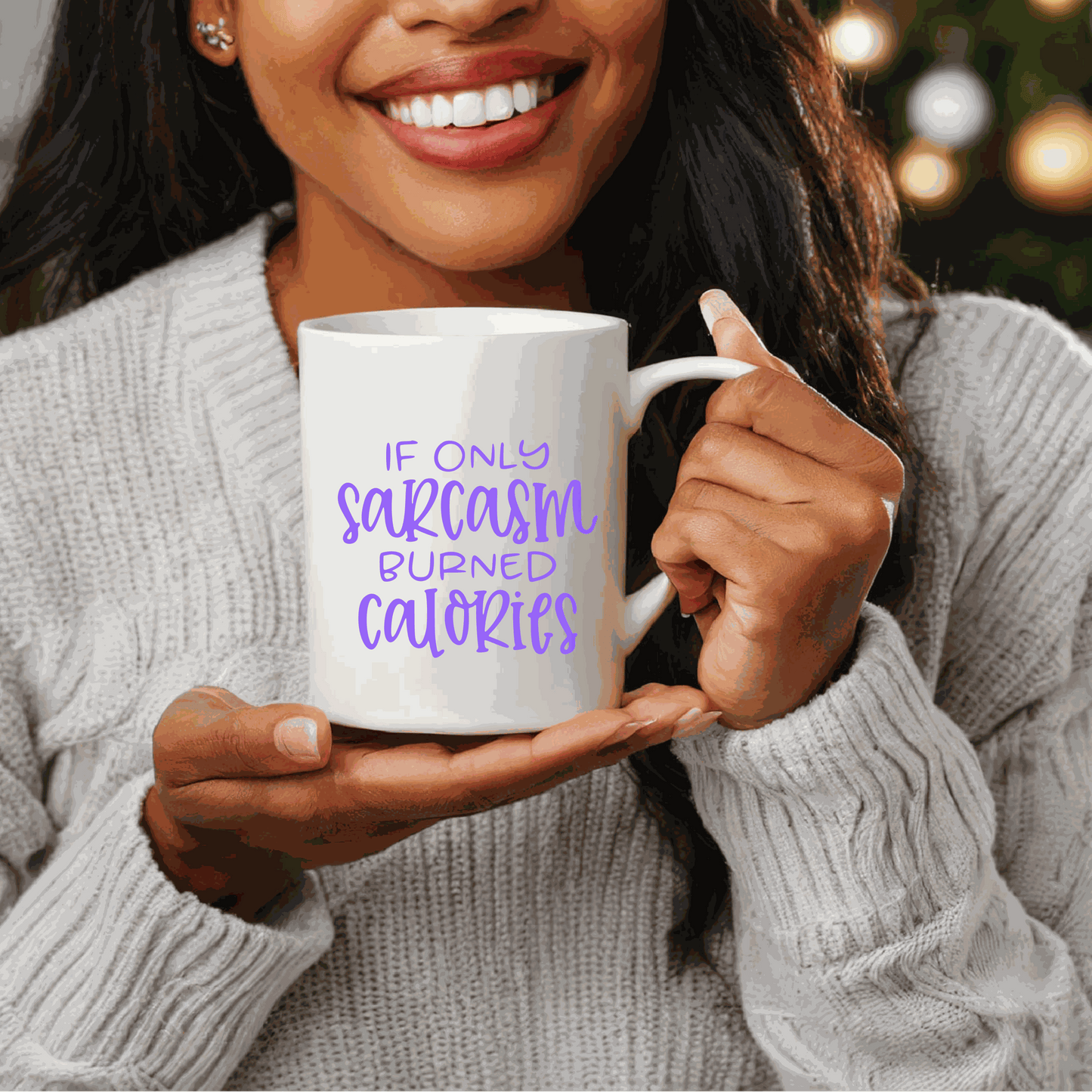 Funny sarcastic quote ceramic mug held by a smiling woman, perfect gift idea.