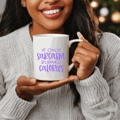 Funny sarcastic quote ceramic mug held by a smiling woman, perfect gift idea.
