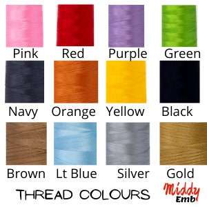 Thread color options for personalized embroidered tote bag, including pink, red, purple, green, navy, orange, yellow, black, brown, light blue, silver, and gold.