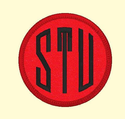 3-inch round custom embroidered name patch for jackets, personalized iron-on design in red and black.