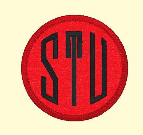 3-inch round custom embroidered name patch for jackets, personalized iron-on design in red and black.