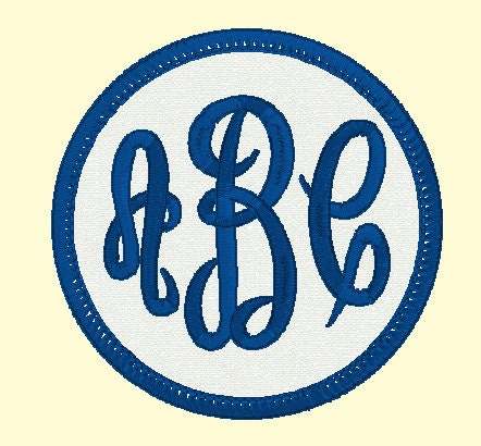 3-inch round custom embroidered name patch with blue border and initials.