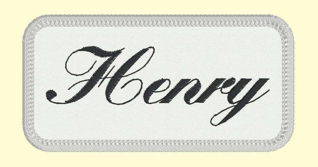 Custom embroidered name patch for jackets measuring 2" x 3" with "Henry" text and iron-on backing.