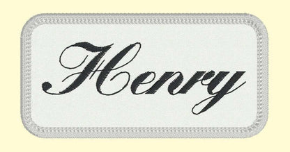 Custom embroidered name patch for jackets measuring 2" x 3" with "Henry" text and iron-on backing.