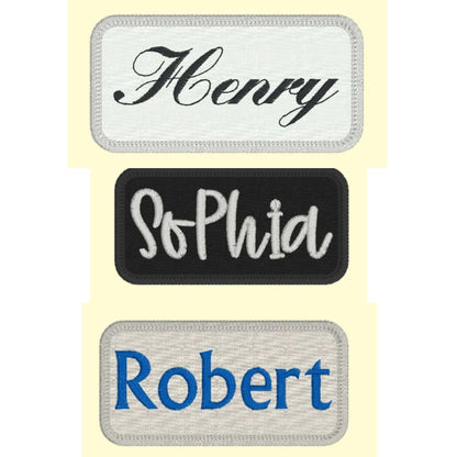 Custom embroidered name patches for jackets in 2" x 3" size, featuring personalized text and color options.
