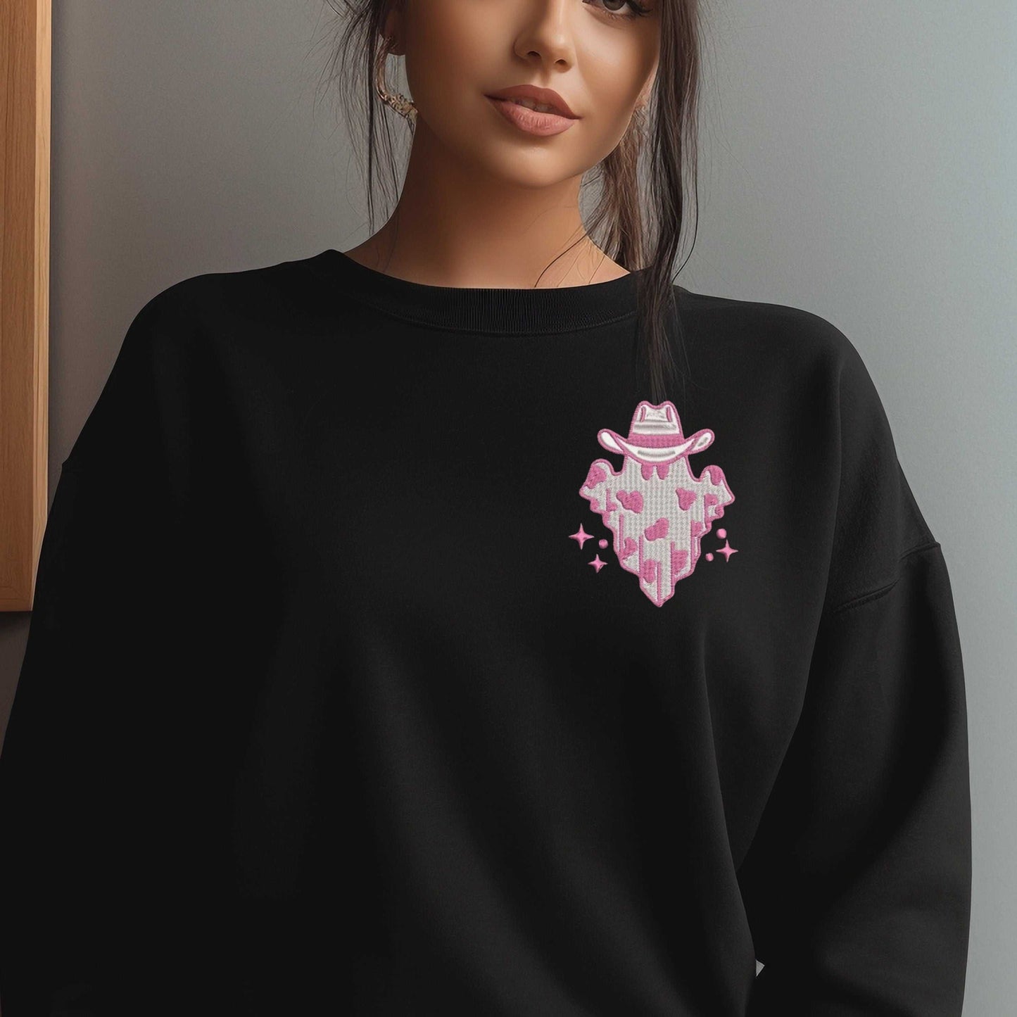 Cowgirl Ghost with Hat Sweater Embroidered