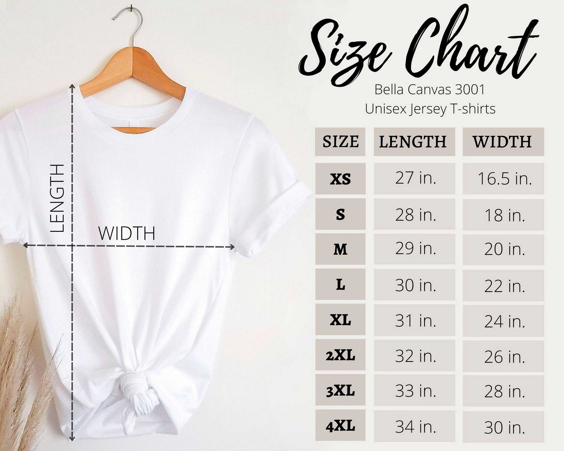 White Bella and Canvas unisex Canada Day celebration shirt with size chart on a hanger.
