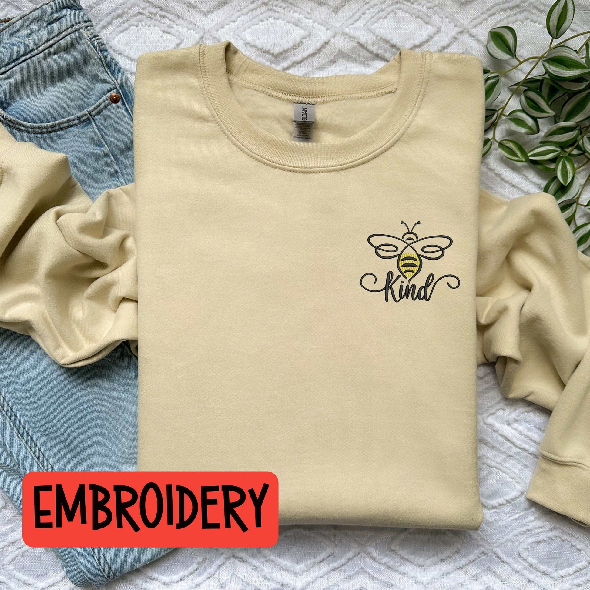 Bumble Bee Be Kind embroidered sweatshirt, unisex fit, yellow color.